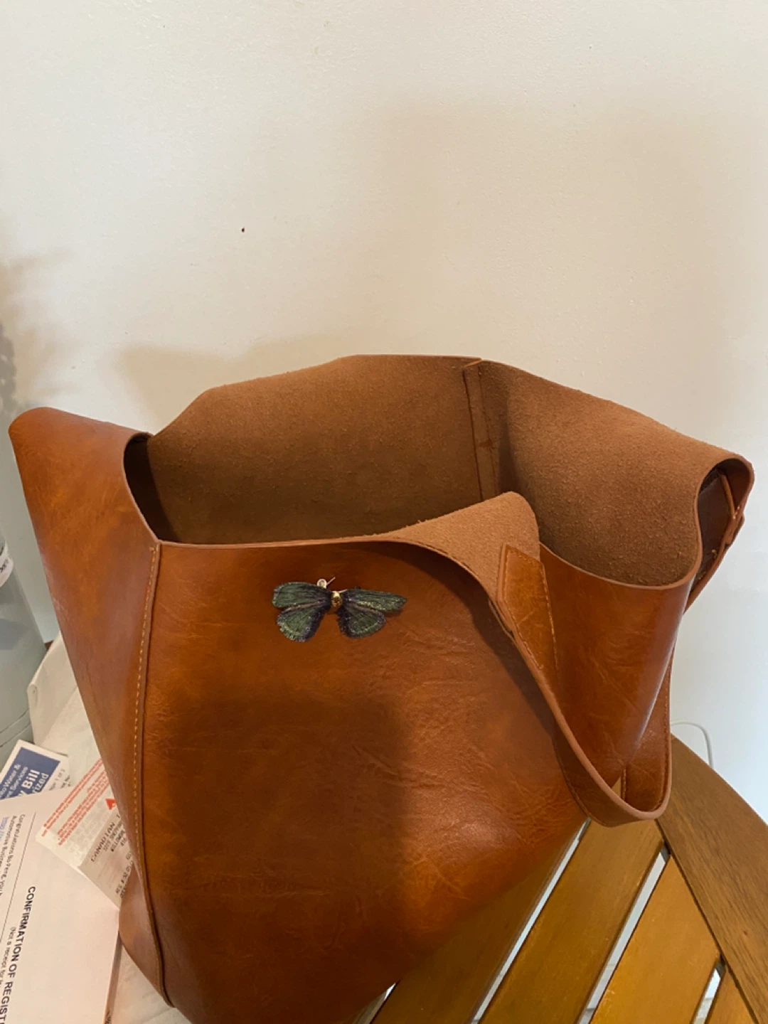Brown Faux Leather Tote Bag with Butterfly Pin - photo 4