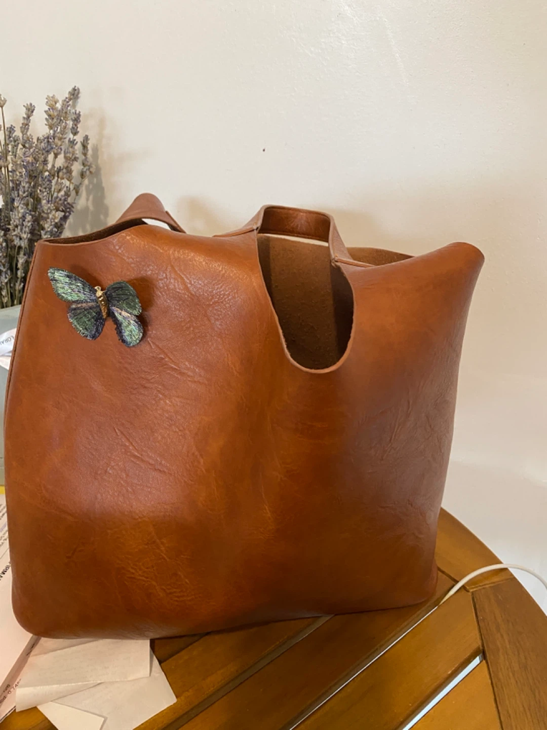Brown Faux Leather Tote Bag with Butterfly Pin - photo 3