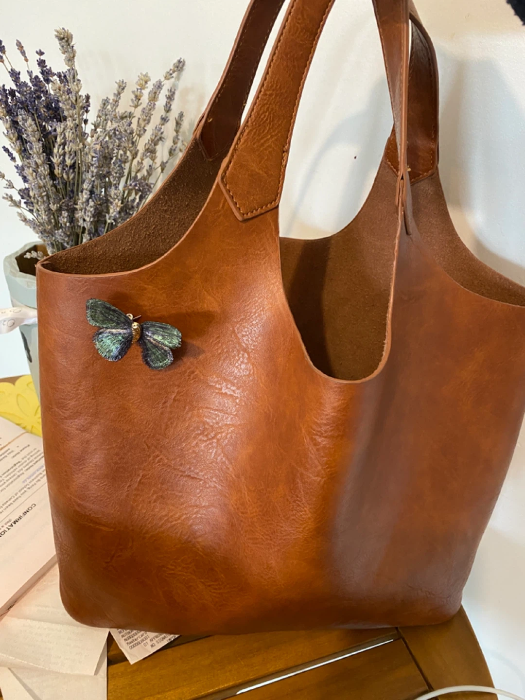 Brown Faux Leather Tote Bag with Butterfly Pin - photo 2