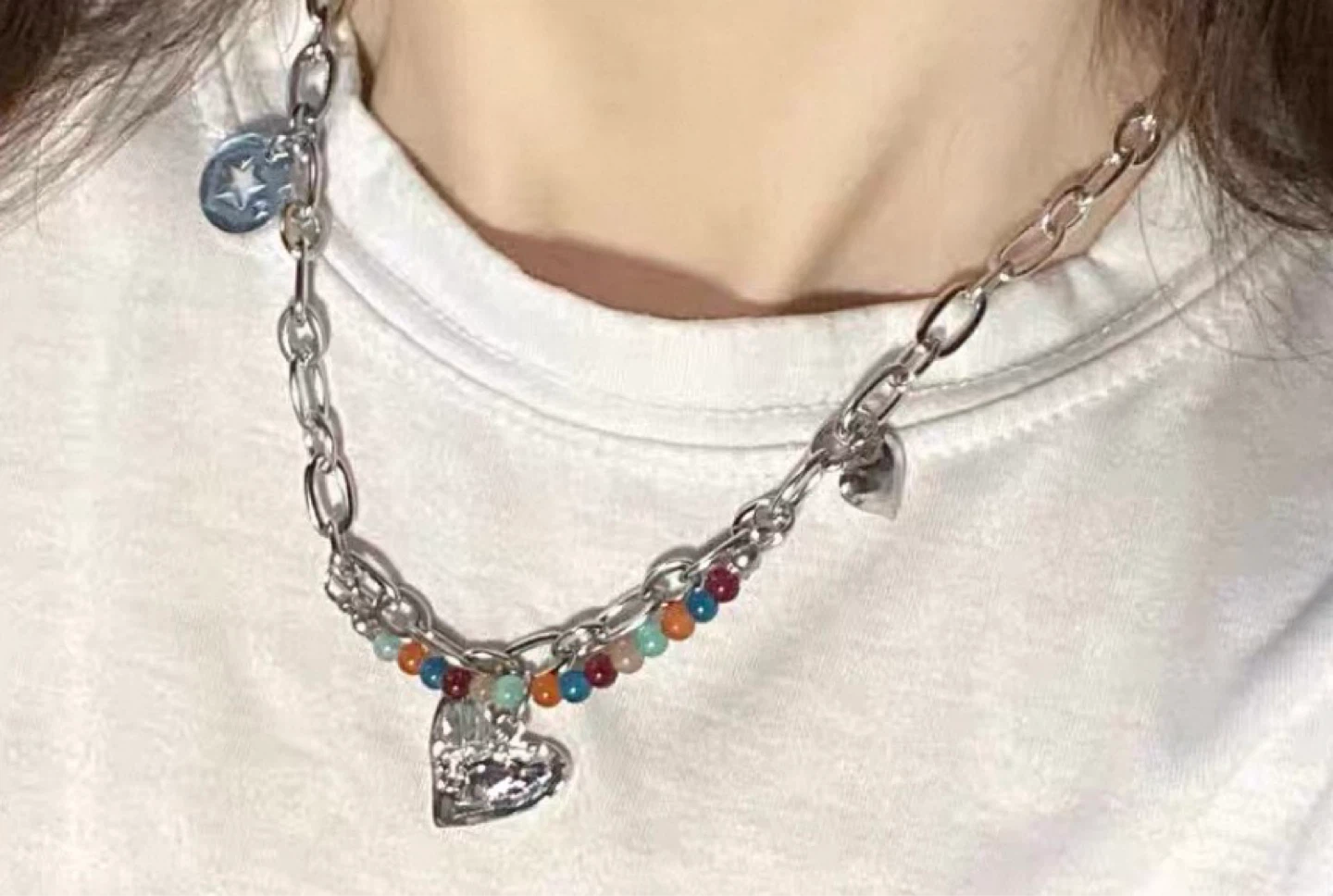 Silver Chain Necklace with Heart and Beaded Charms