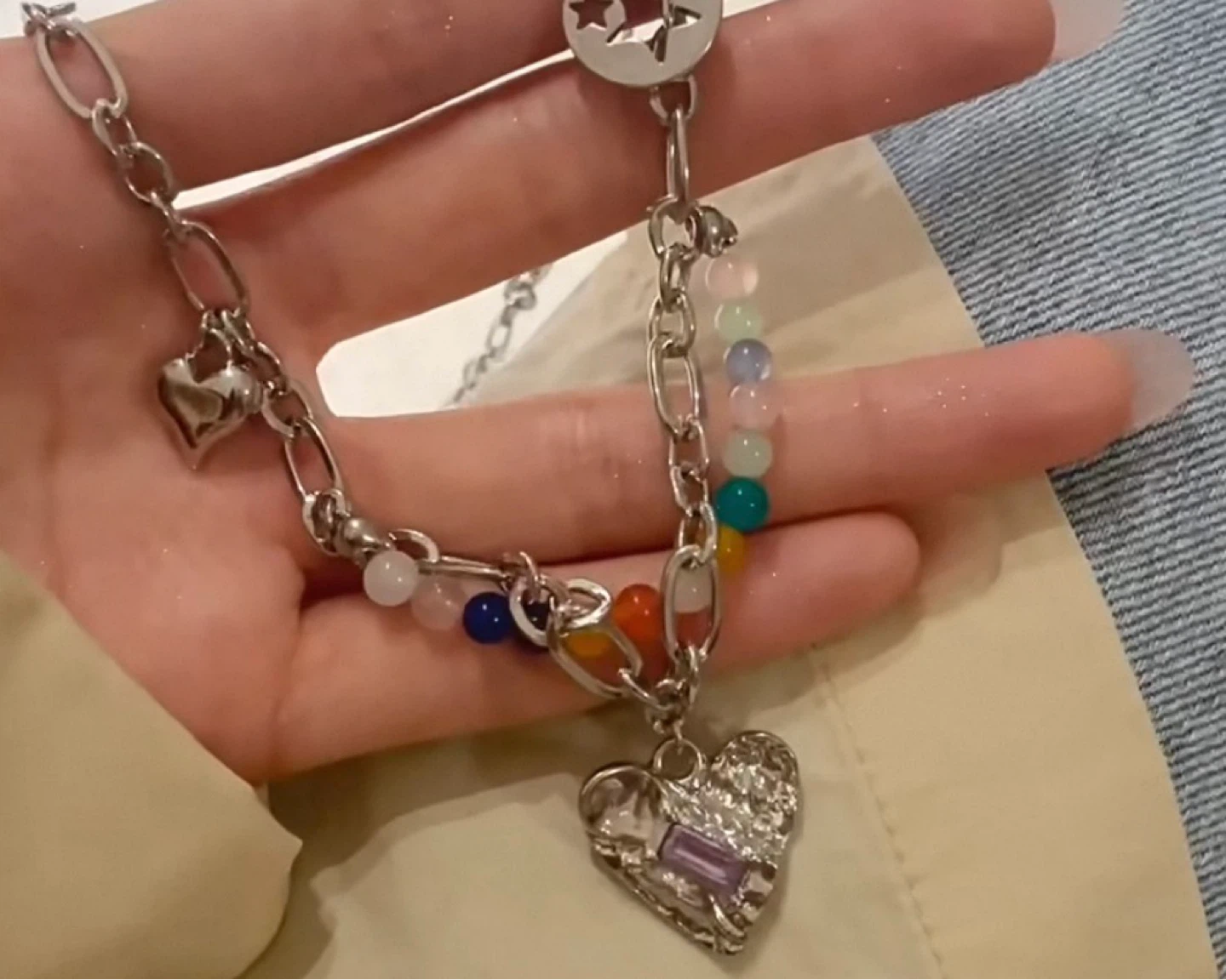 Silver Chain Necklace with Heart and Beaded Charms - photo 2