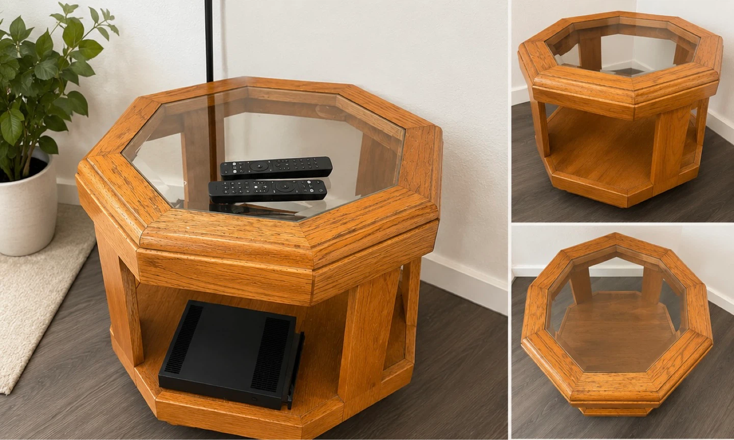 Octagon Wood Coffee Table with Glass Top