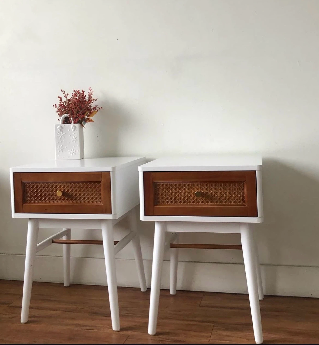 Pair of White Nightstands with Wood Cane Drawer Fronts - photo 5