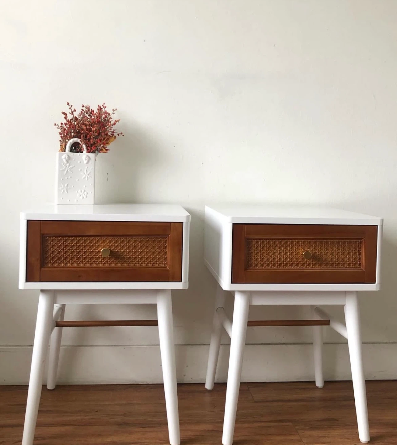 Pair of White Nightstands with Wood Cane Drawer Fronts