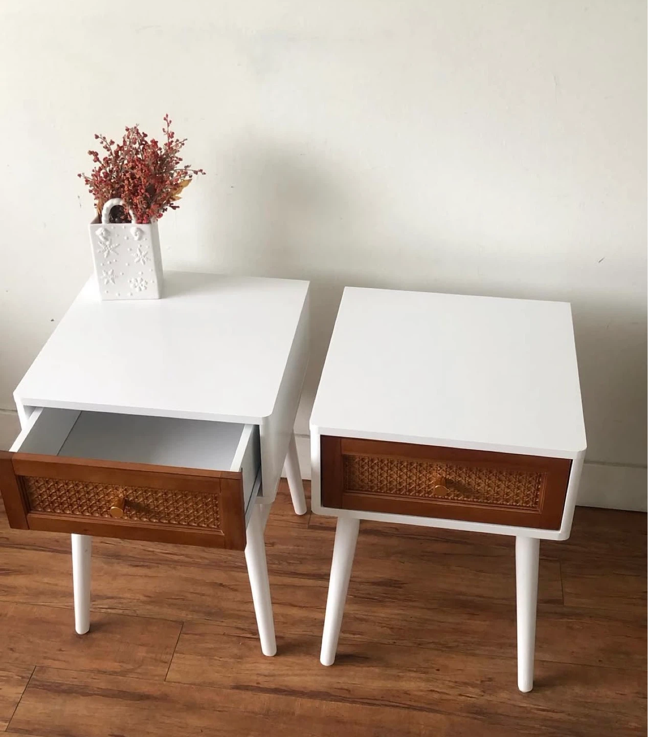 Pair of White Nightstands with Wood Cane Drawer Fronts - photo 2