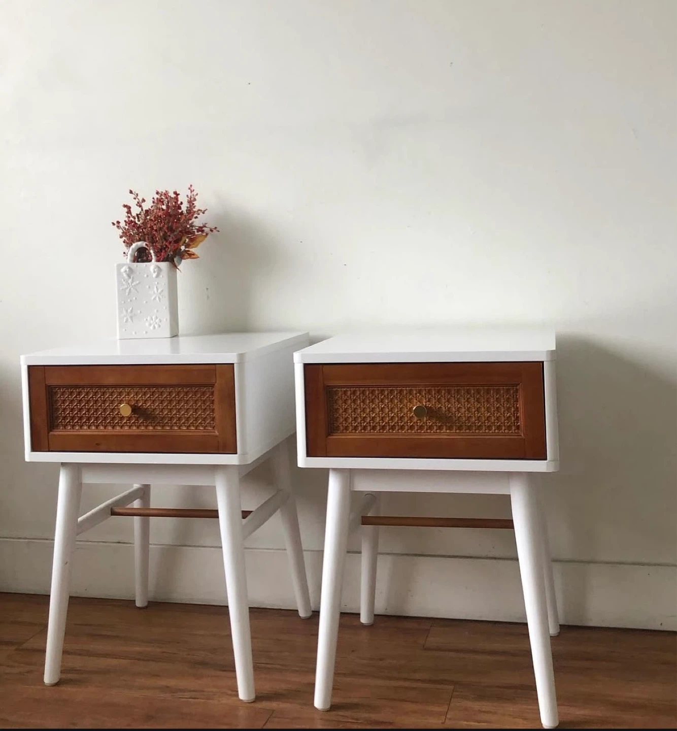 Pair of White Nightstands with Wood Cane Drawer Fronts - photo 4