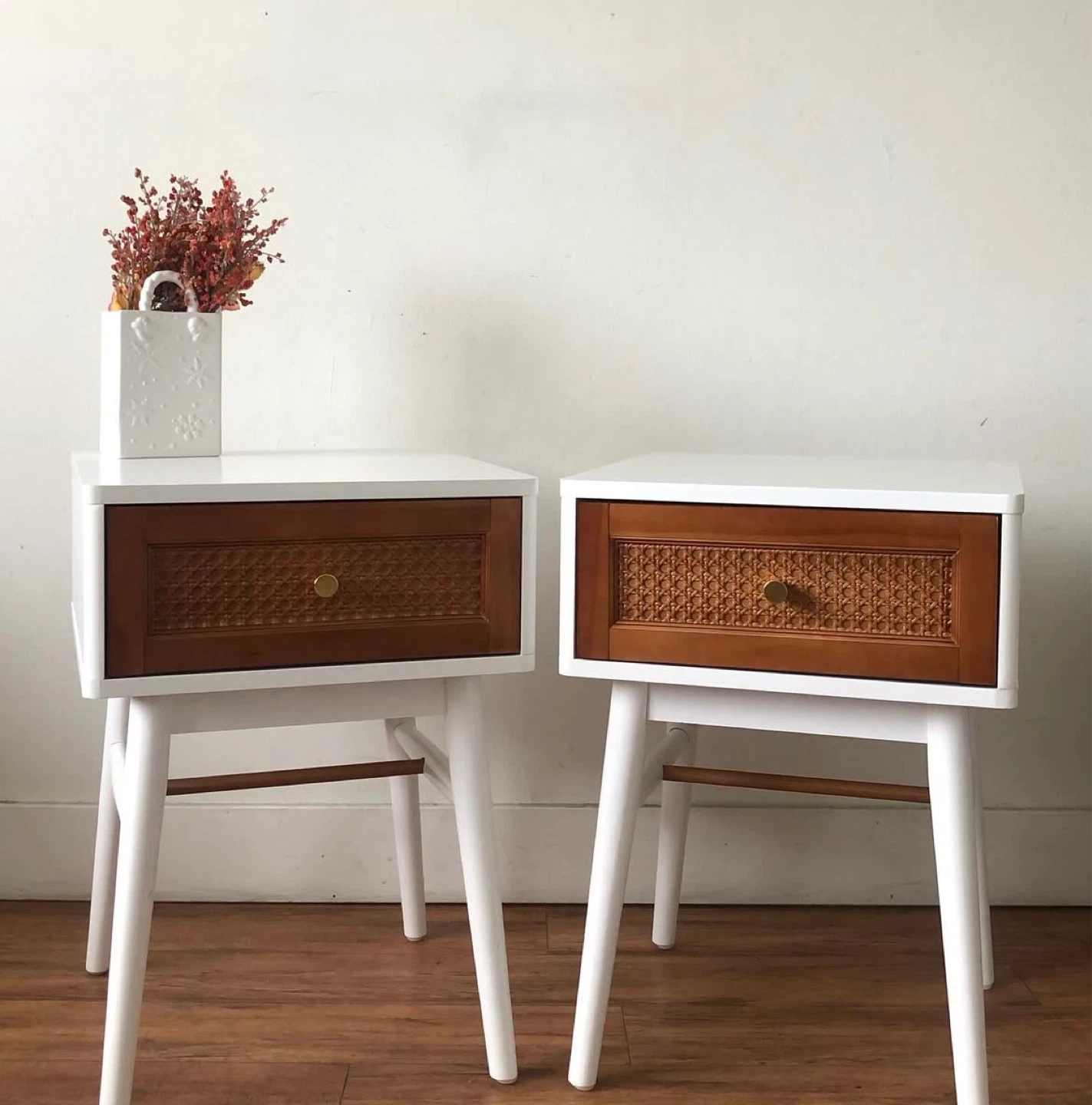 Pair of White Nightstands with Wood Cane Drawer Fronts - photo 3