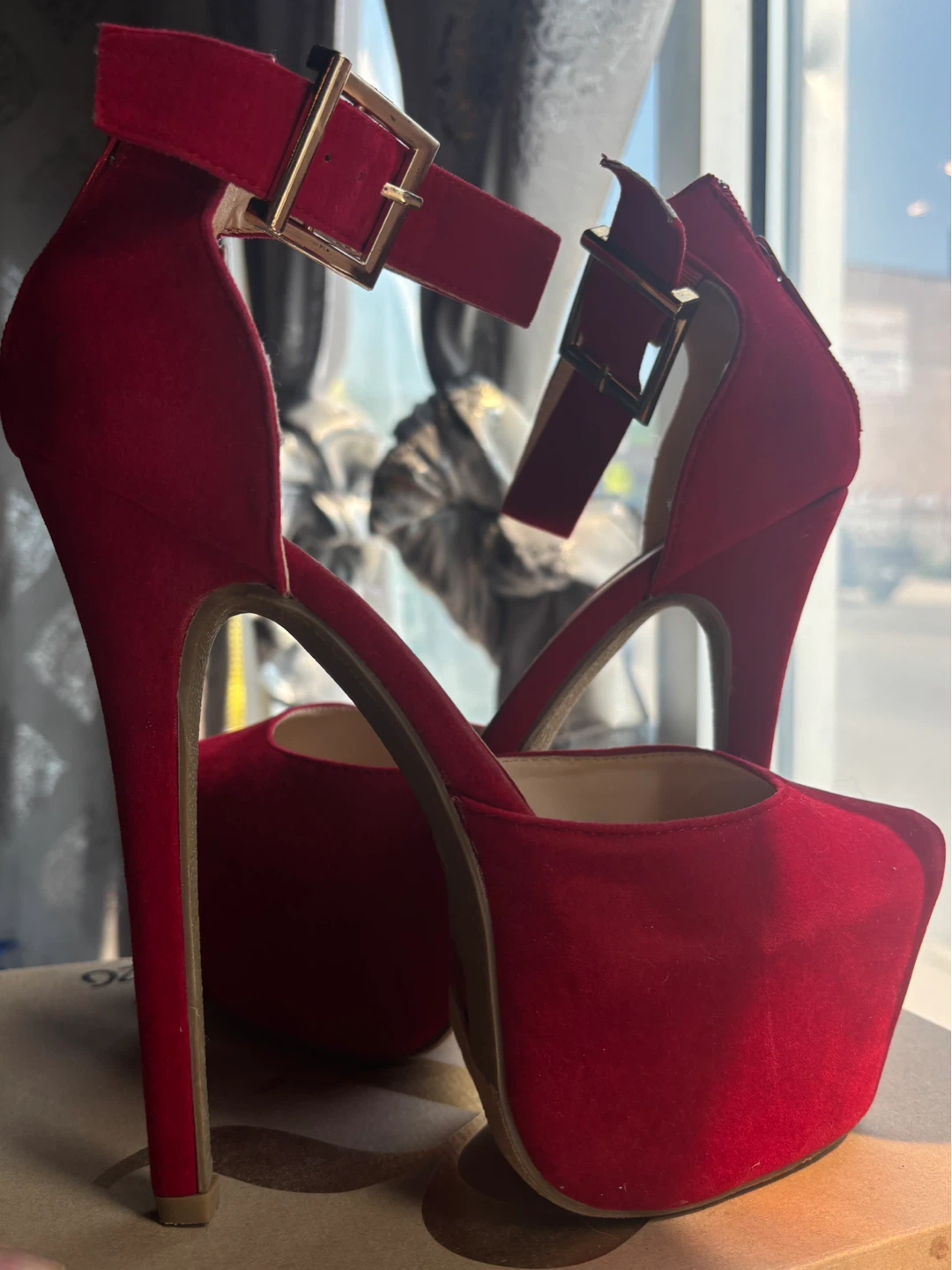 Red Platform Stiletto Heels with Ankle Strap