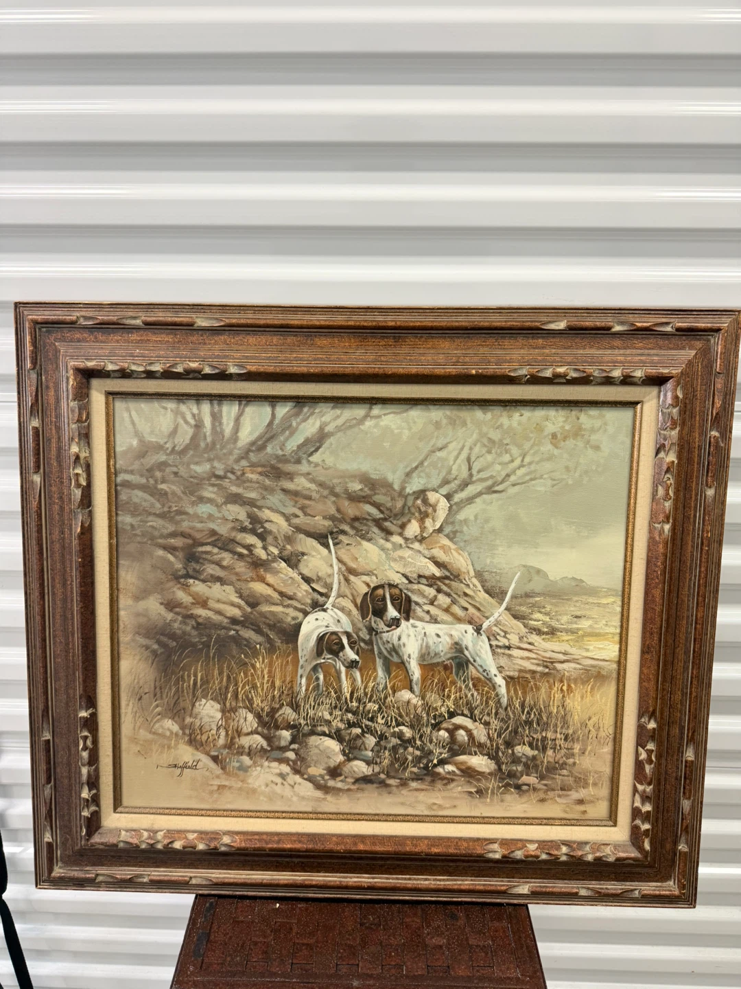 Vintage Framed Oil Painting of Hunting Dogs