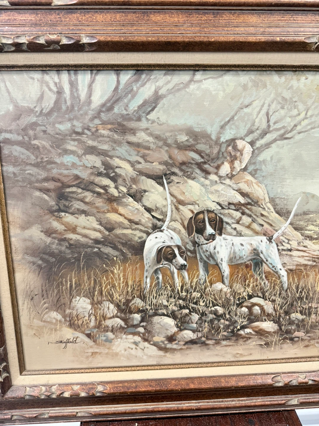 Vintage Framed Oil Painting of Hunting Dogs - photo 2