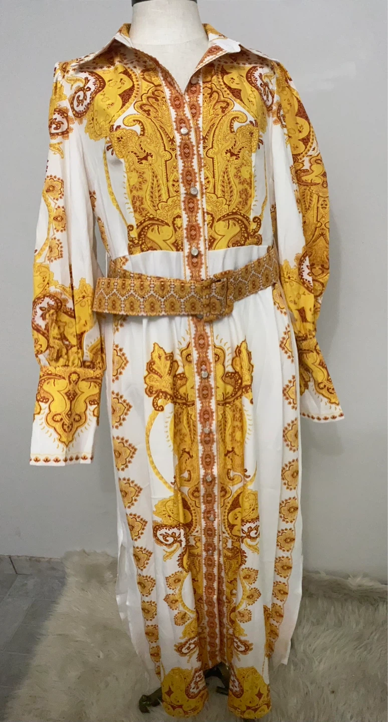 Diversion Maxi Shirt Dress with Belt - White/Yellow Print