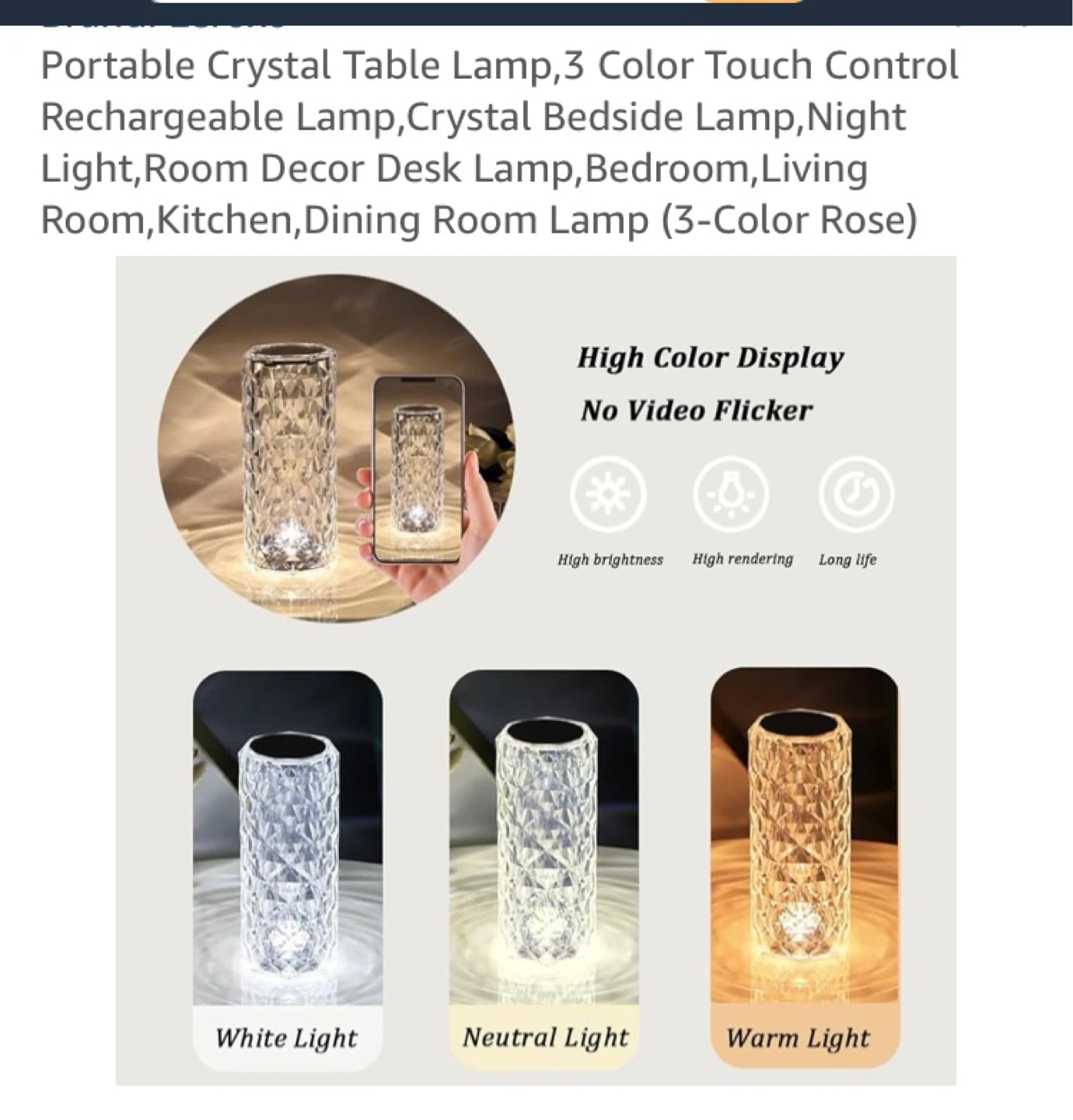 Portable Crystal Table Lamp - 3 Color Touch Control Rechargeable - photo 5