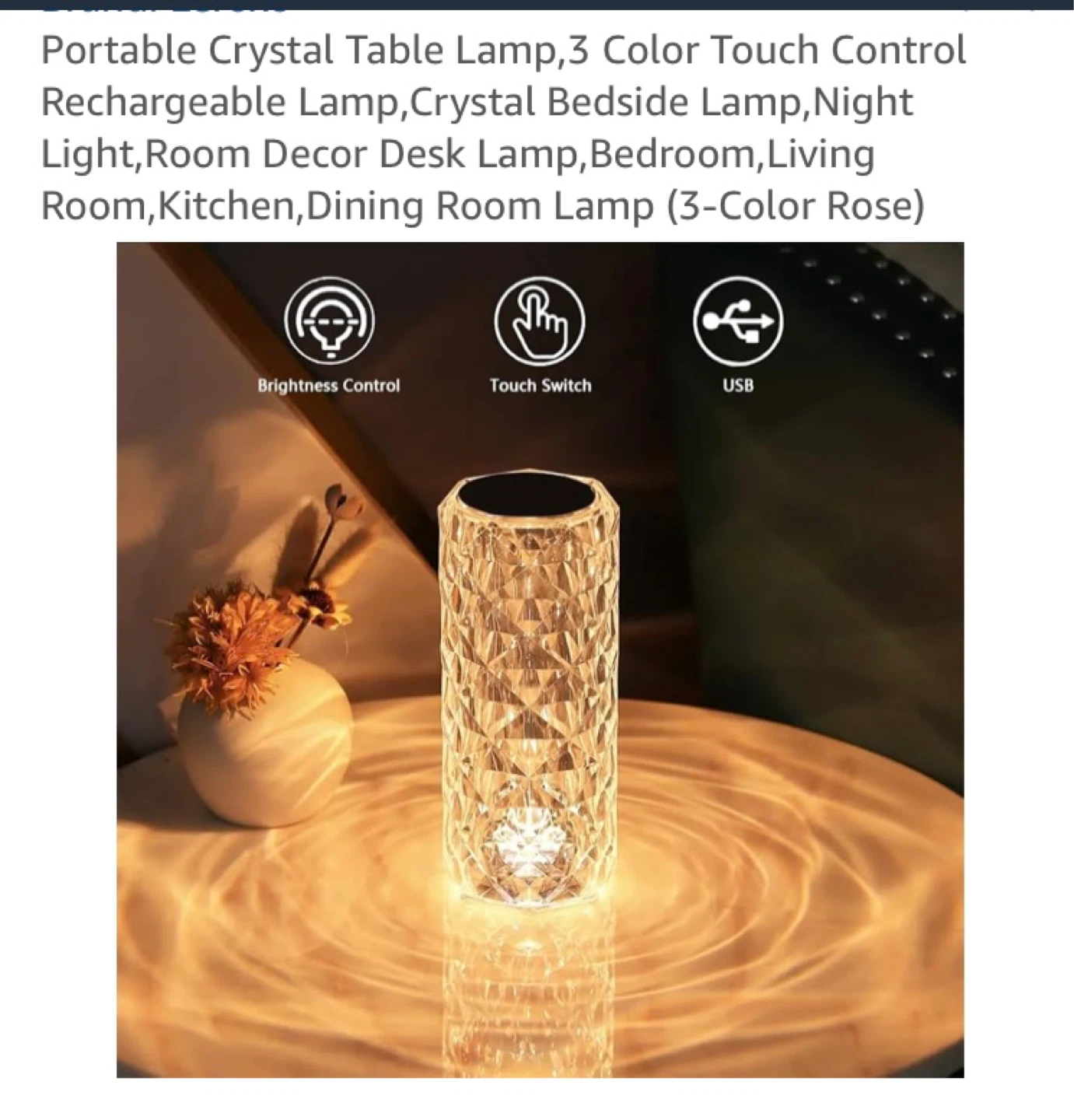 Portable Crystal Table Lamp - 3 Color Touch Control Rechargeable - photo 3