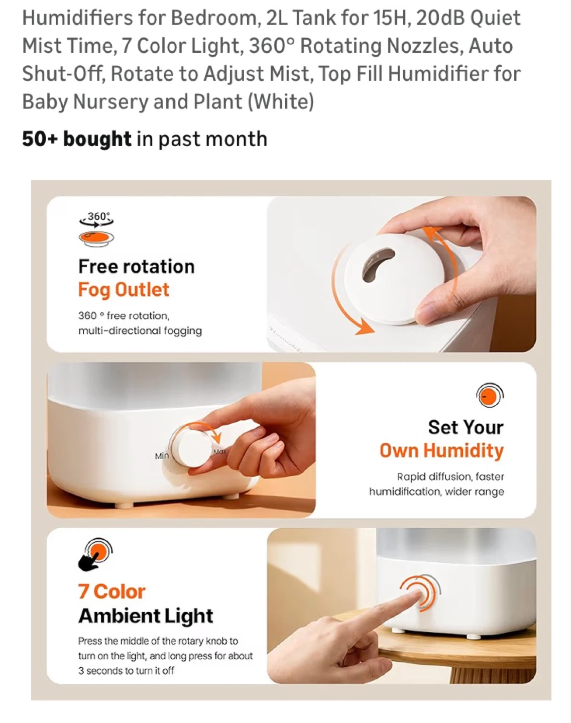 Humidifier for Bedroom - 2L Tank, 7 Color Light, Quiet Operation - photo 5