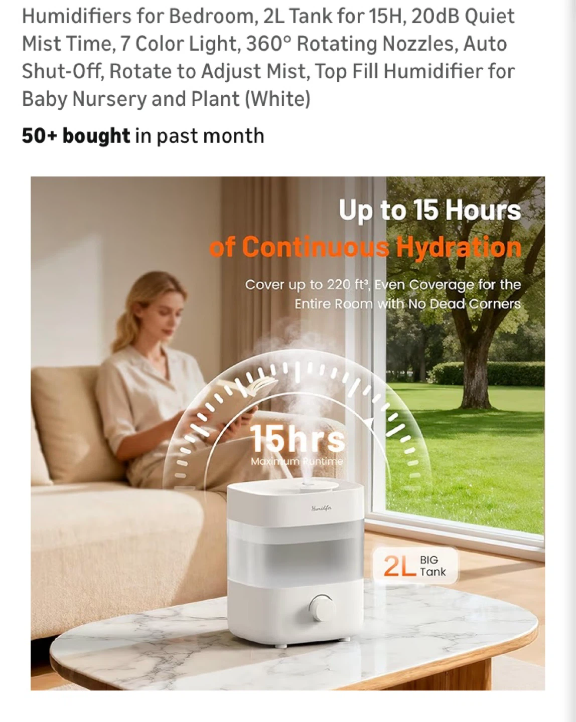 Humidifier for Bedroom - 2L Tank, 7 Color Light, Quiet Operation - photo 4