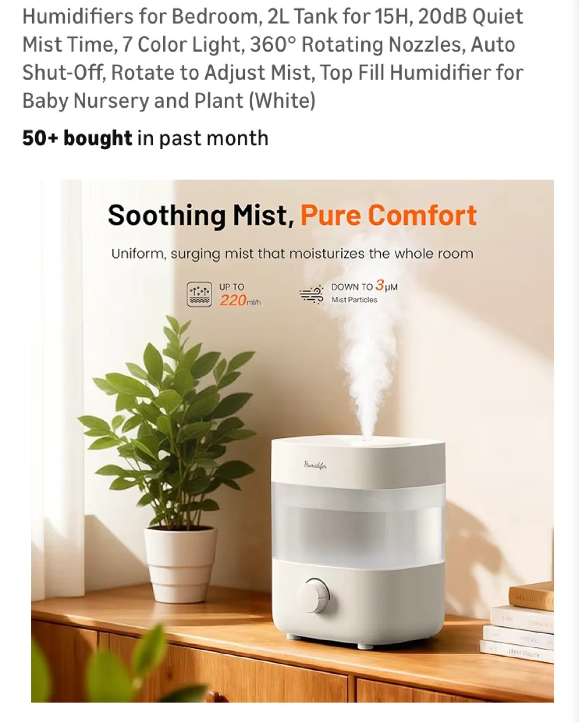 Humidifier for Bedroom - 2L Tank, 7 Color Light, Quiet Operation