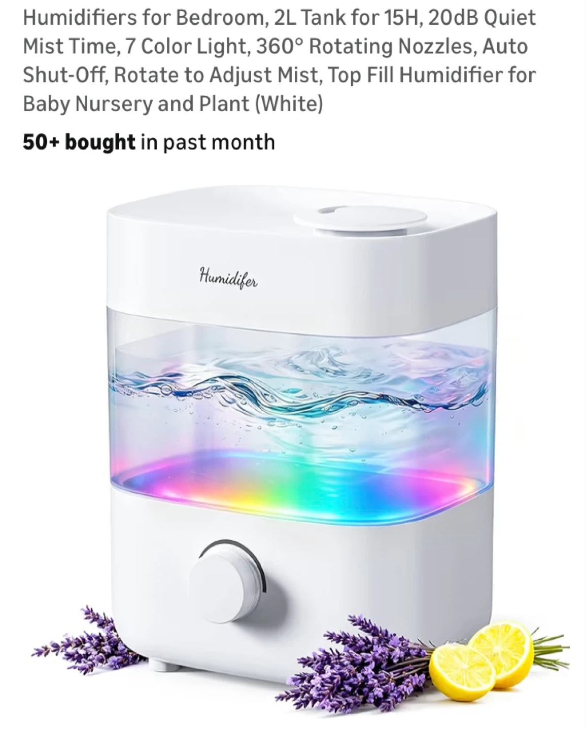 Humidifier for Bedroom - 2L Tank, 7 Color Light, Quiet Operation - photo 2