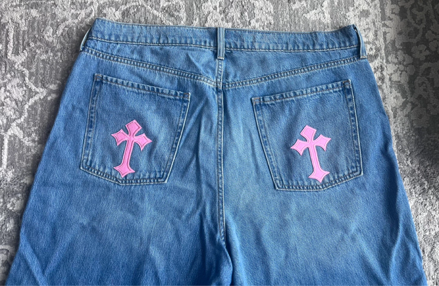 Old Navy Women's Blue Denim Jeans with Pink Cross Embellishments