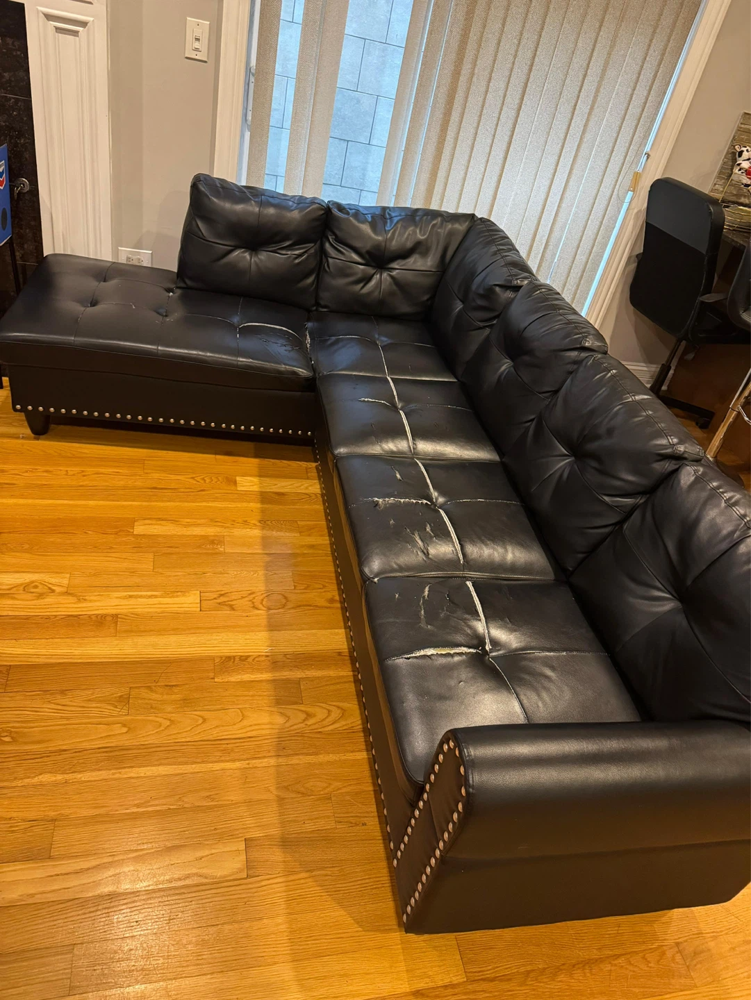 Black Faux Leather Sectional Sofa with Damage