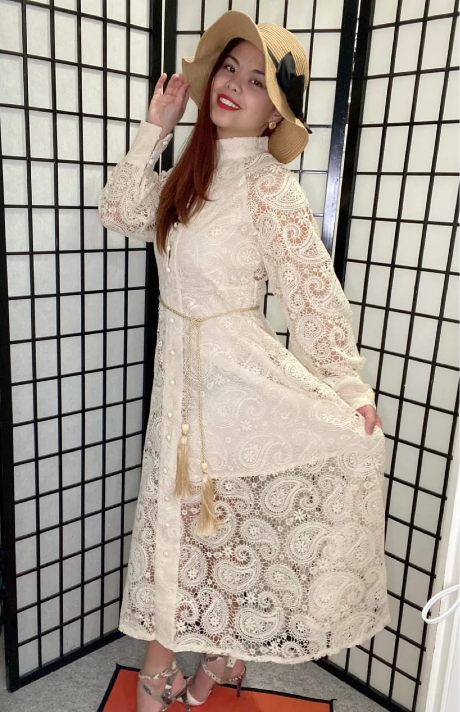 Cream Lace Maxi Dress with Tassel Belt - photo 5
