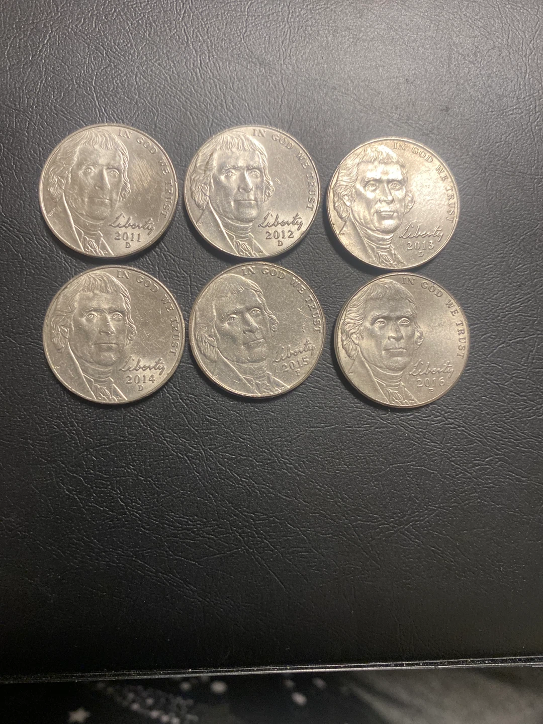 Set of 6 US Jefferson Nickels (2011-2016)