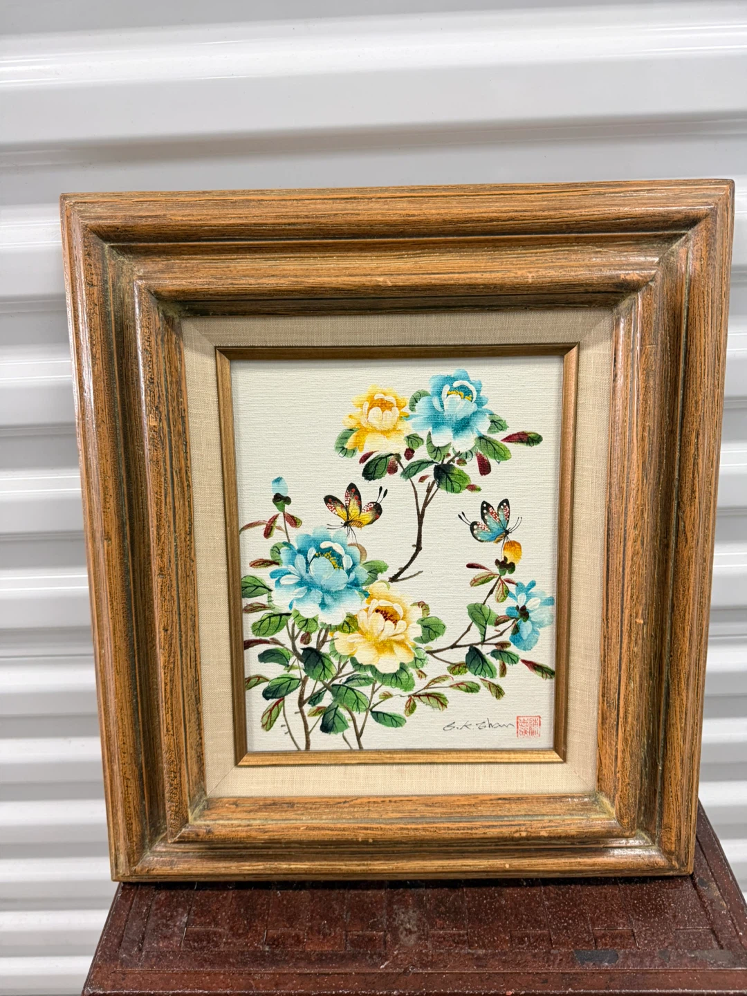 Vintage Framed Oriental Asian Flower & Butterfly-Signed