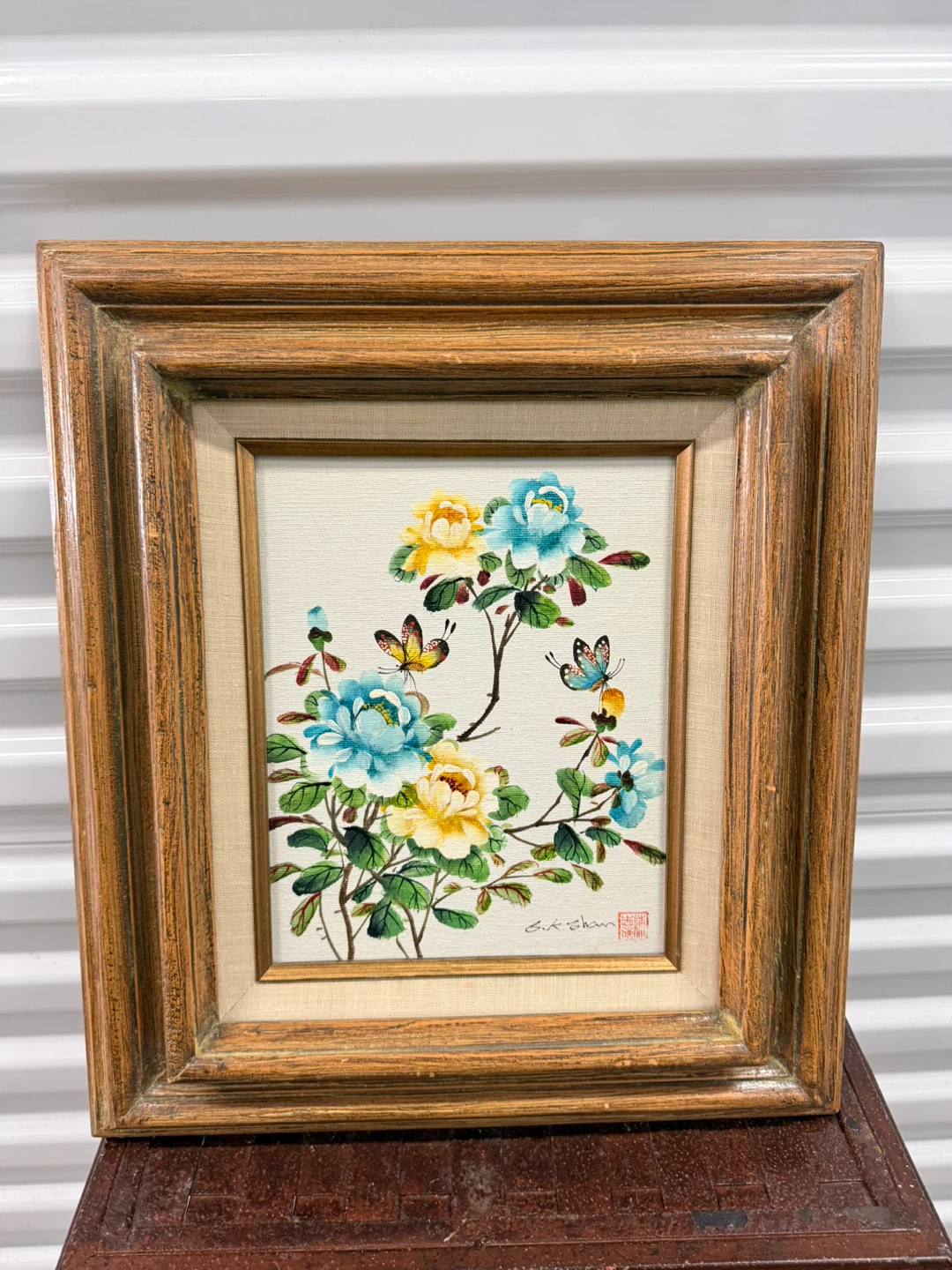 Vintage Framed Oriental Asian Flower & Butterfly-Signed - photo 2