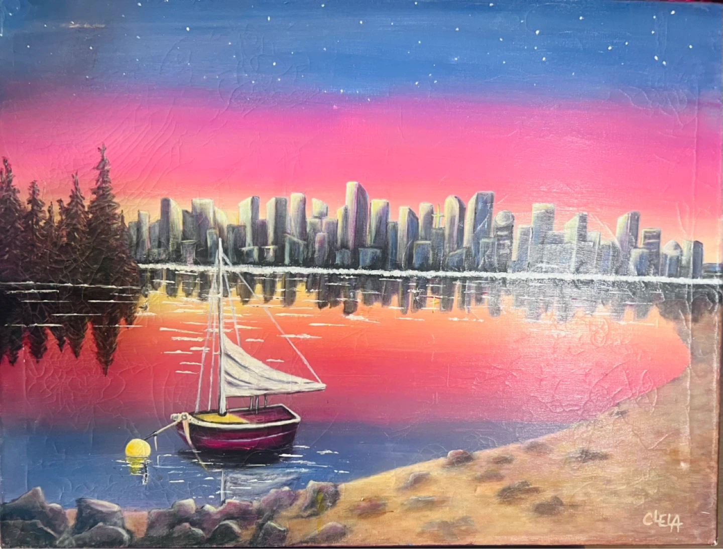 Oil Painting of Sailboat and City Skyline at Sunset
