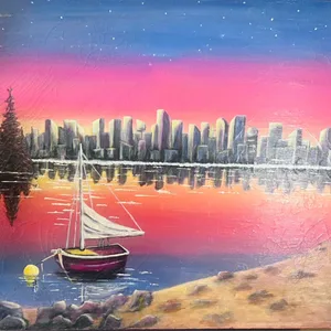Oil Painting of Sailboat and City Skyline at Sunset