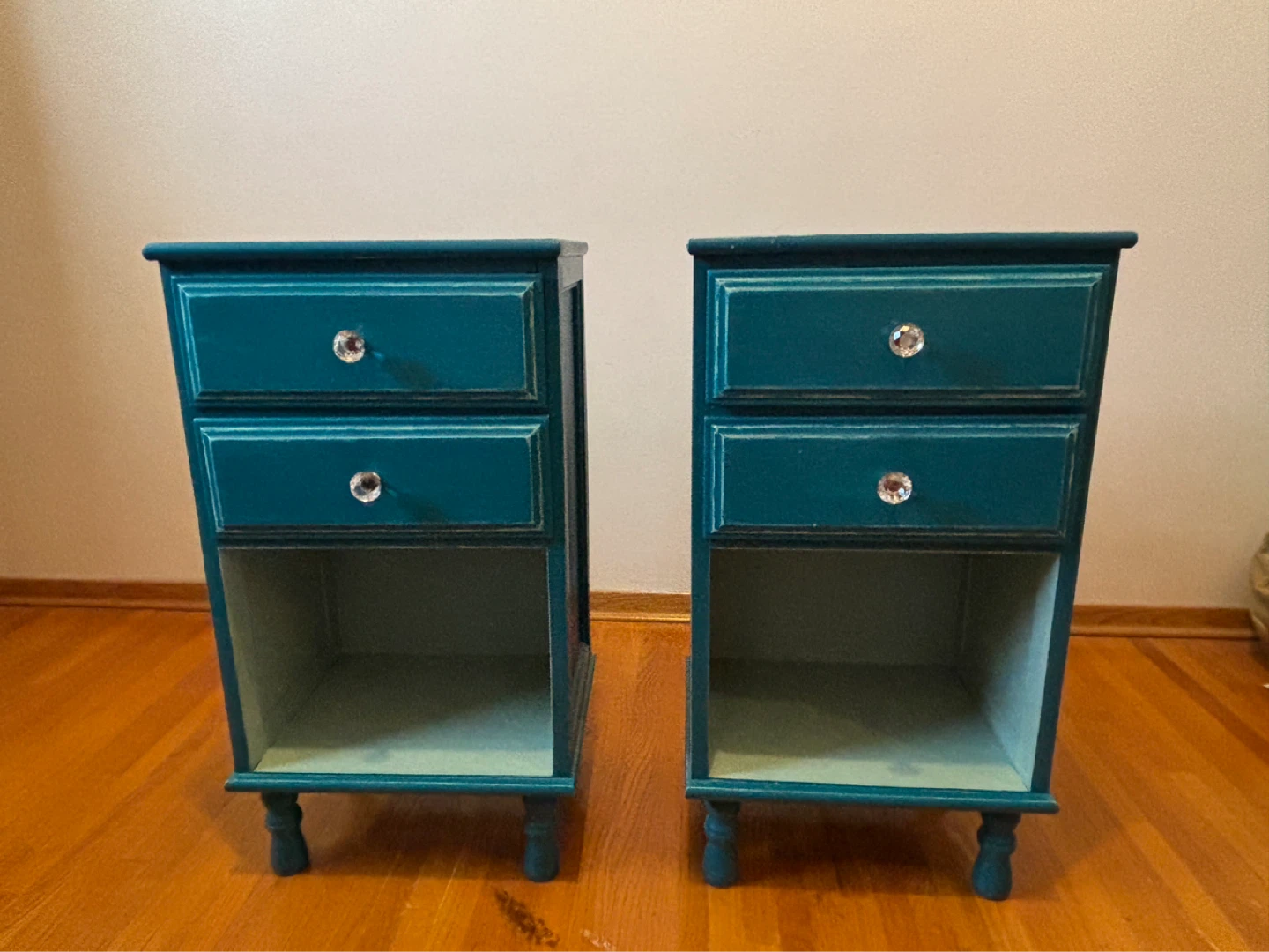 Vintage Teal Nightstands with Crystal Knobs