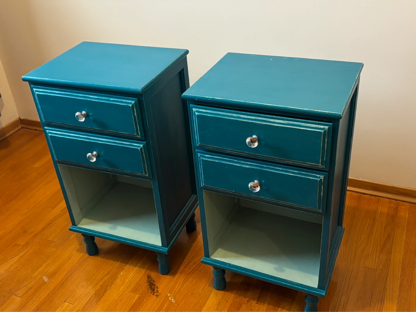 Vintage Teal Nightstands with Crystal Knobs - photo 2