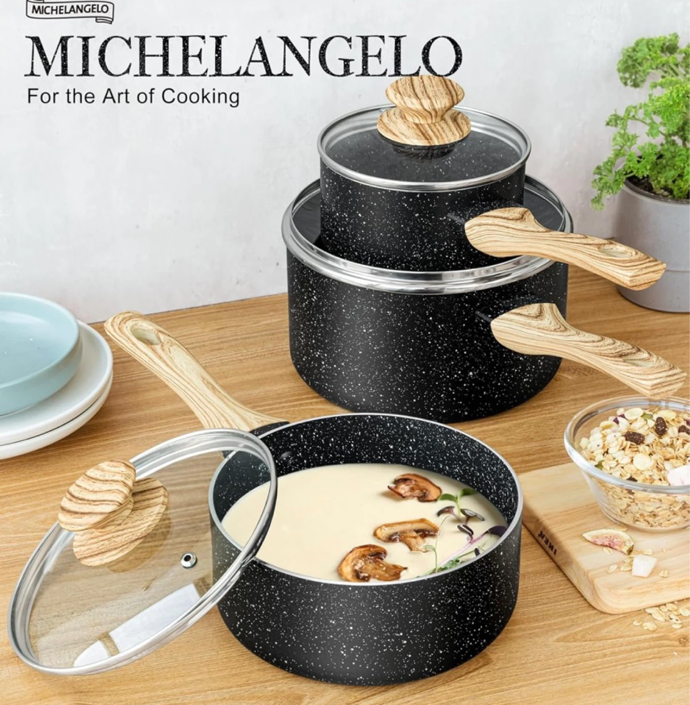 New MICHELANGELO Saucepan Set, 3-Piece Nonstick with Lids - photo 5