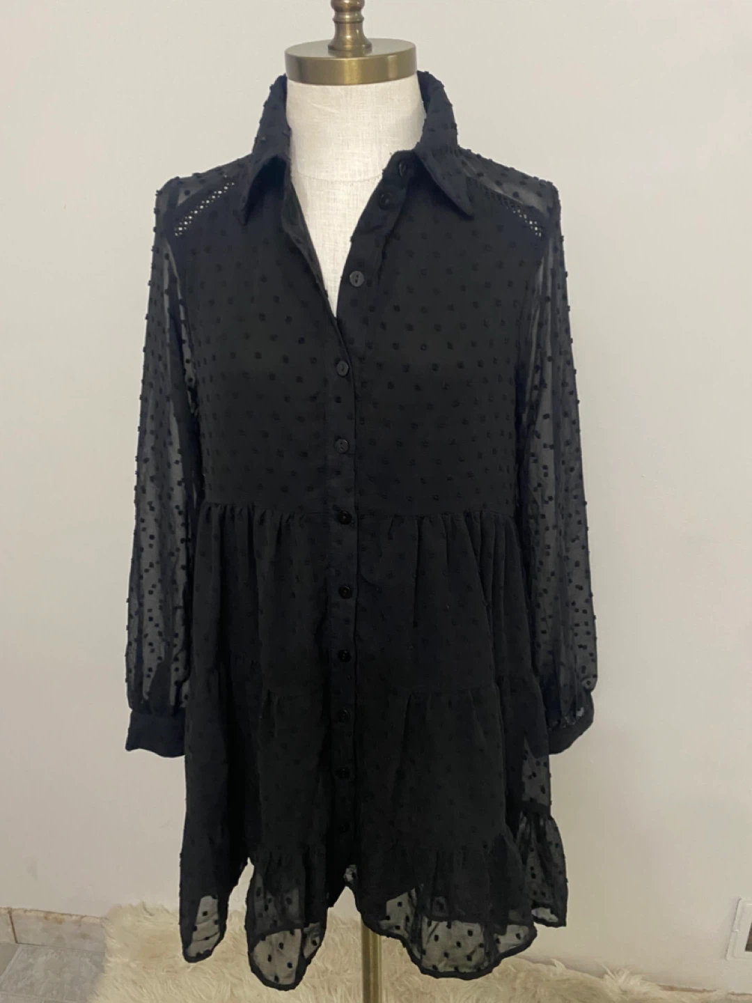 RHFYVE Black Swiss Dot Tiered Mini Dress Size S