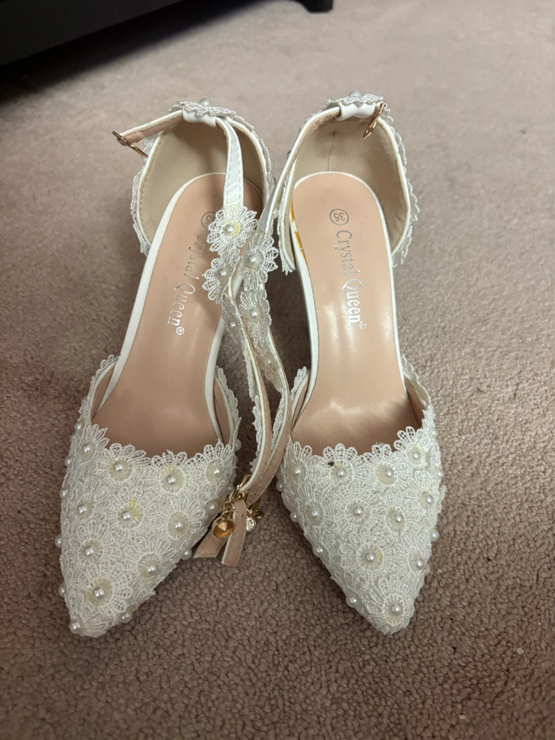 Crystal Queen White Lace Heels Size 38