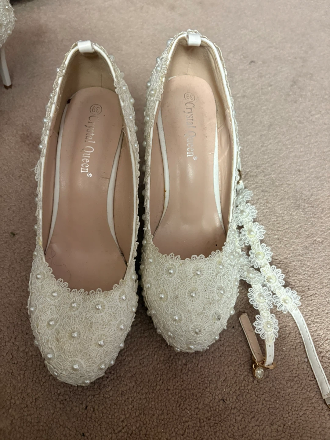 Crystal Queen White Lace Pearl Wedding Shoes Size 39