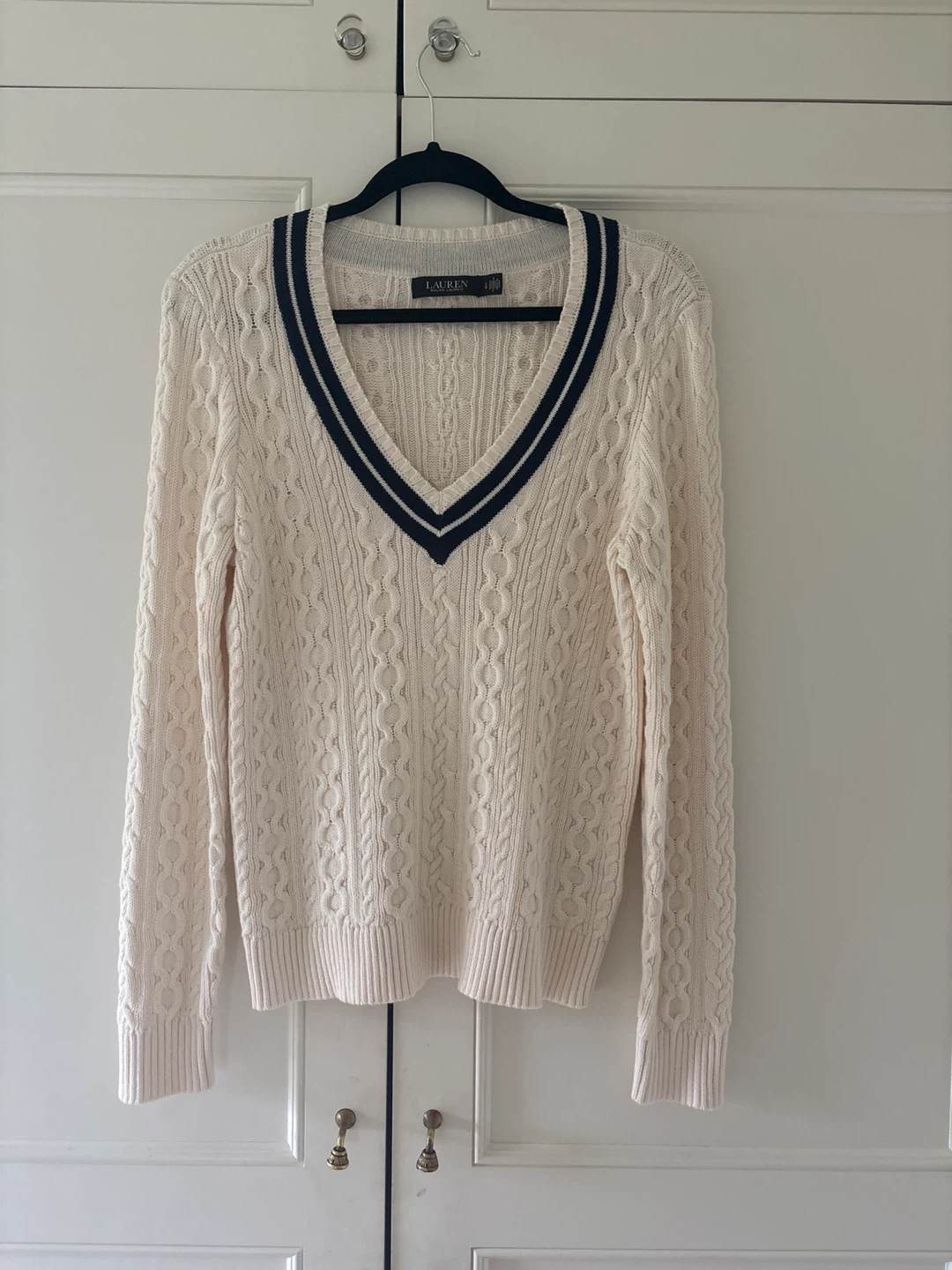Lauren Ralph Lauren Cable Knit V-Neck Sweater - Cream, Size L
