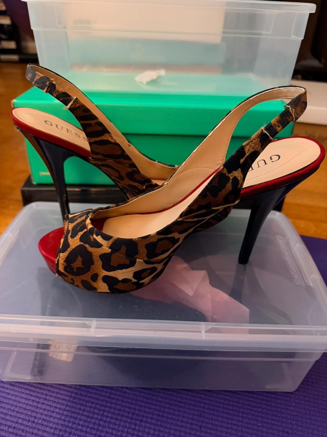 Guess Leopard Print Peep Toe Slingback Heels