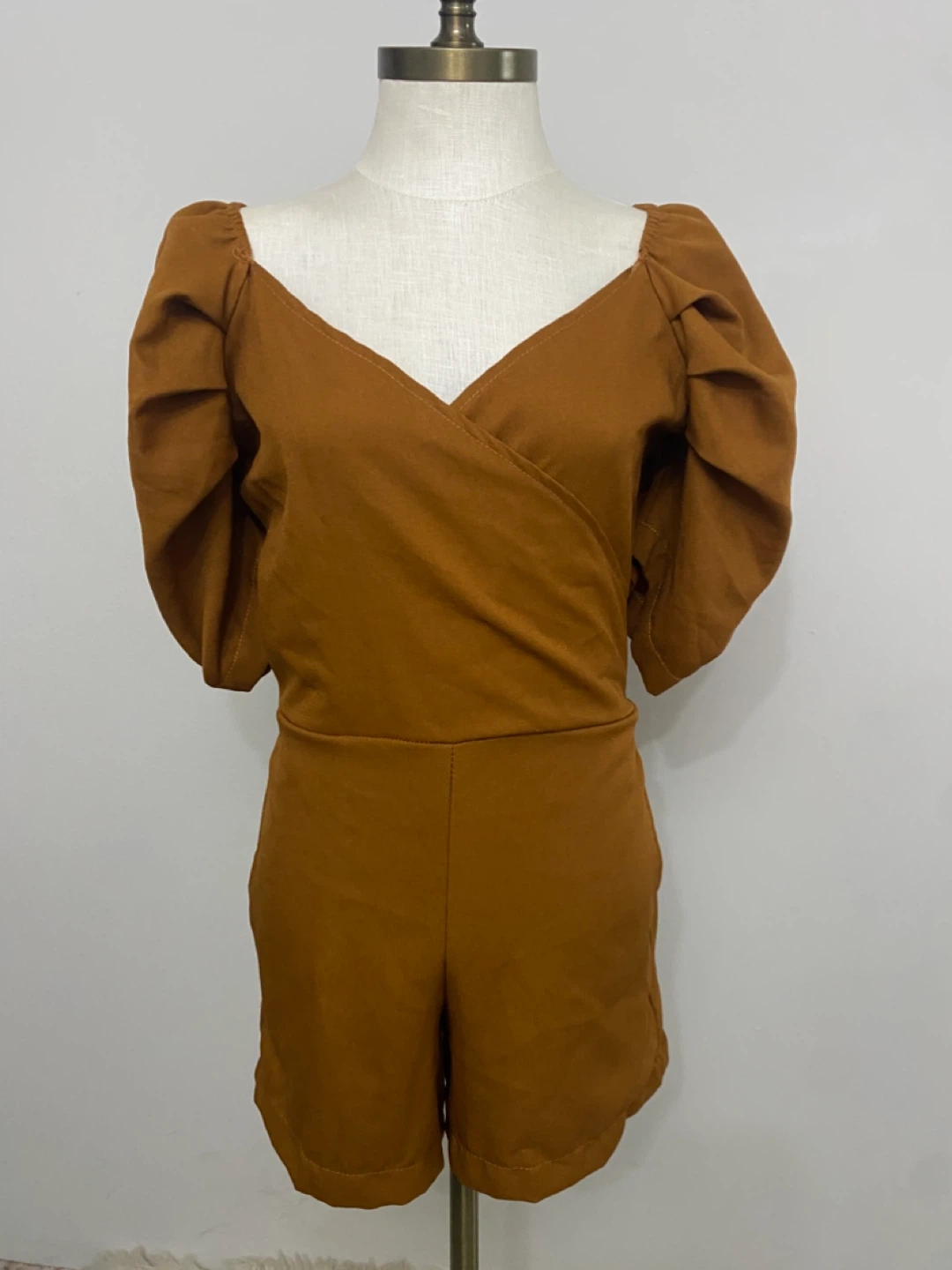 Brown Puff Sleeve Romper