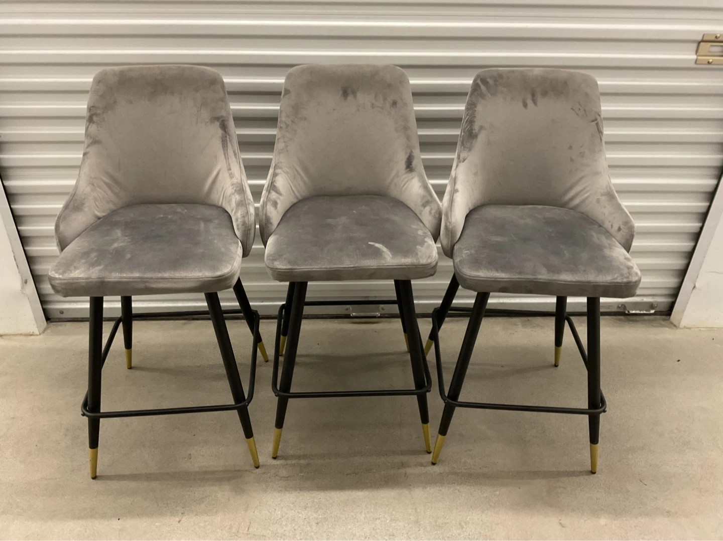Set of 3 Grey Velvet Upholstered Bar Stools