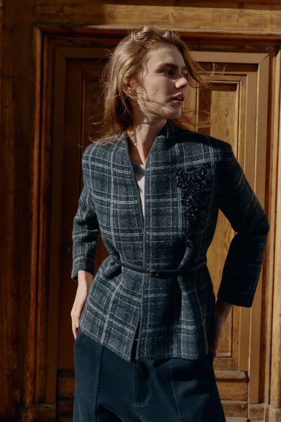 Zara Plaid Jacket with Embellishment no belt size s