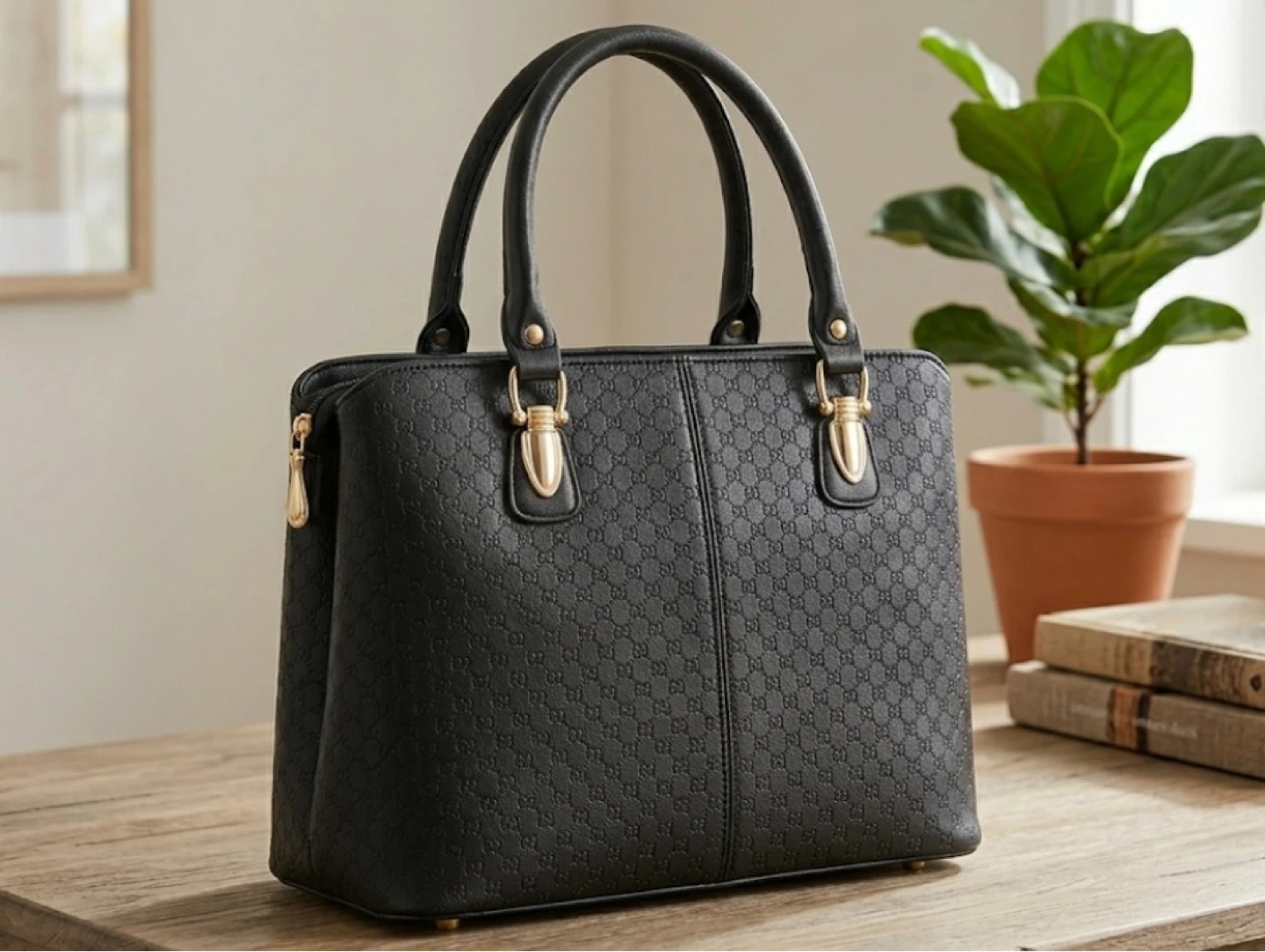 Black Faux Leather Satchel Handbag