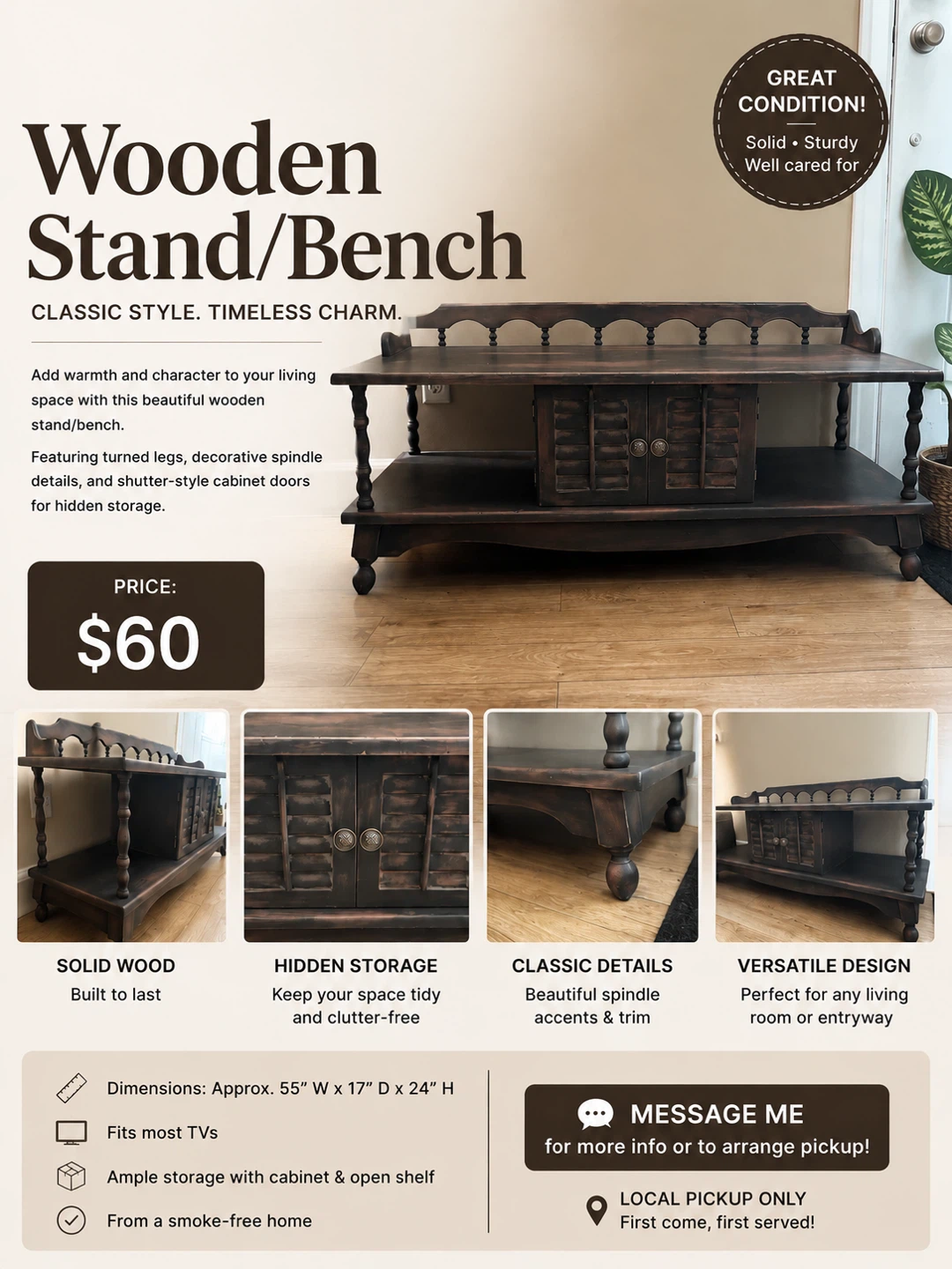Wooden Stand/Bench - 55" W