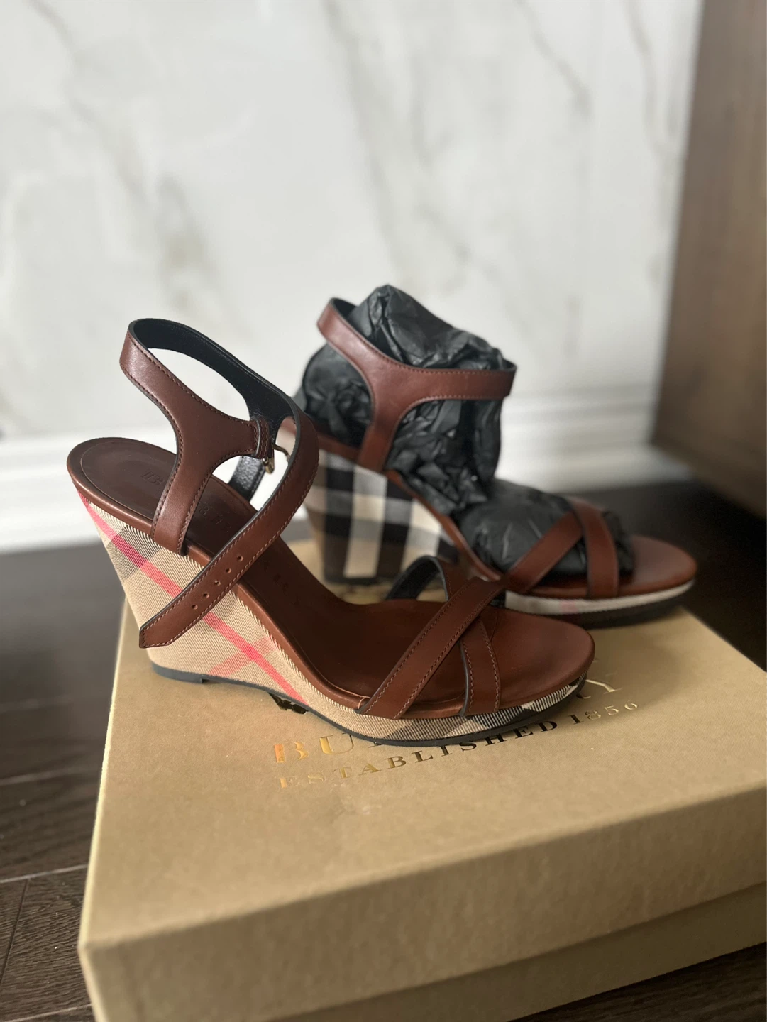 Burberry Brown Leather Wedge Sandals