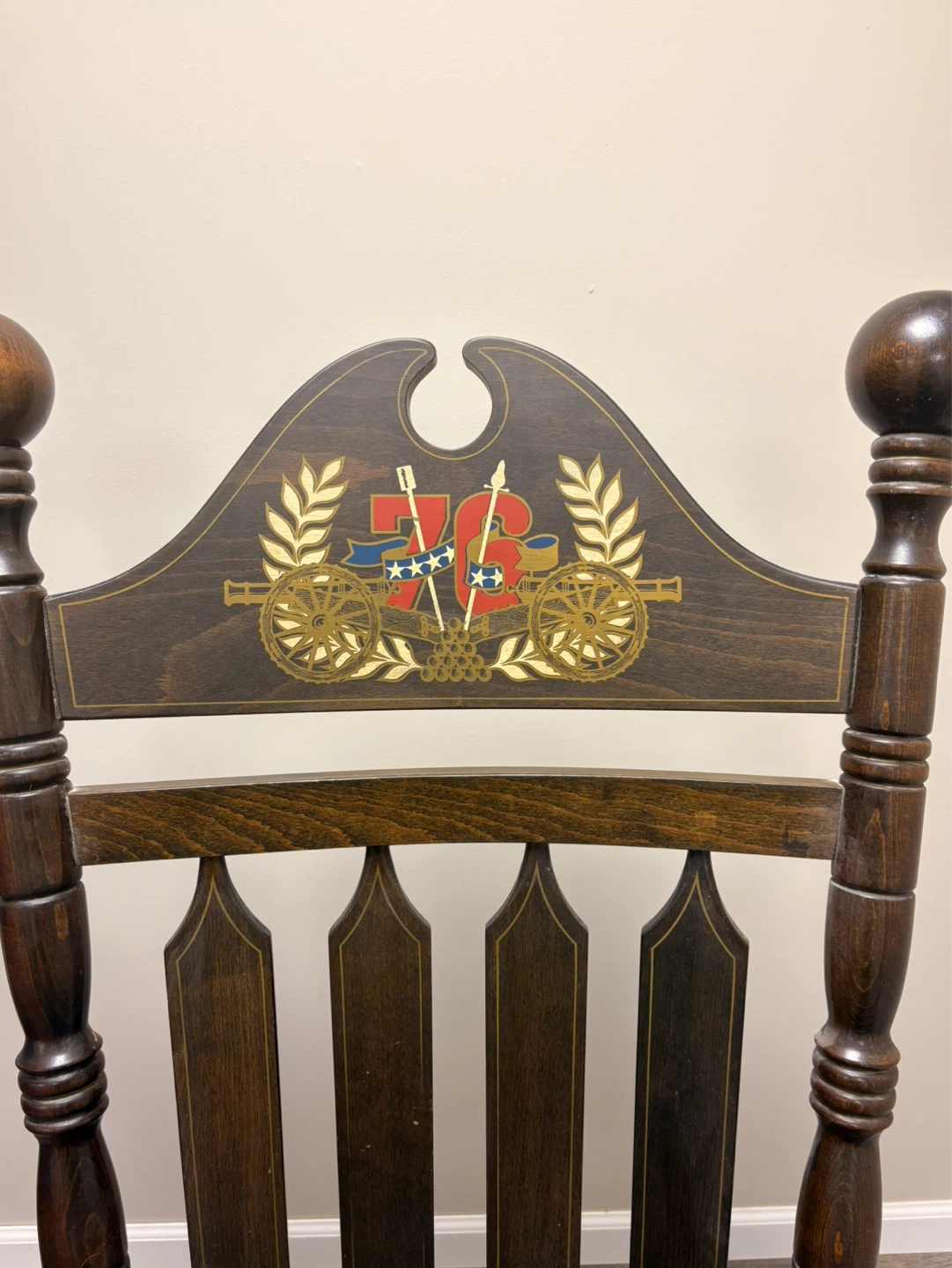 Antique Wooden Rocking Chair with Decorative Emblem - photo 2