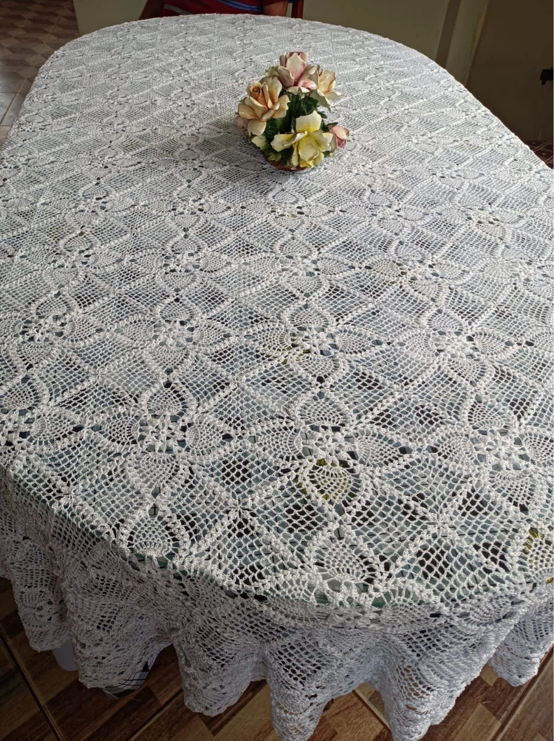 White crocheted lace tablecloth