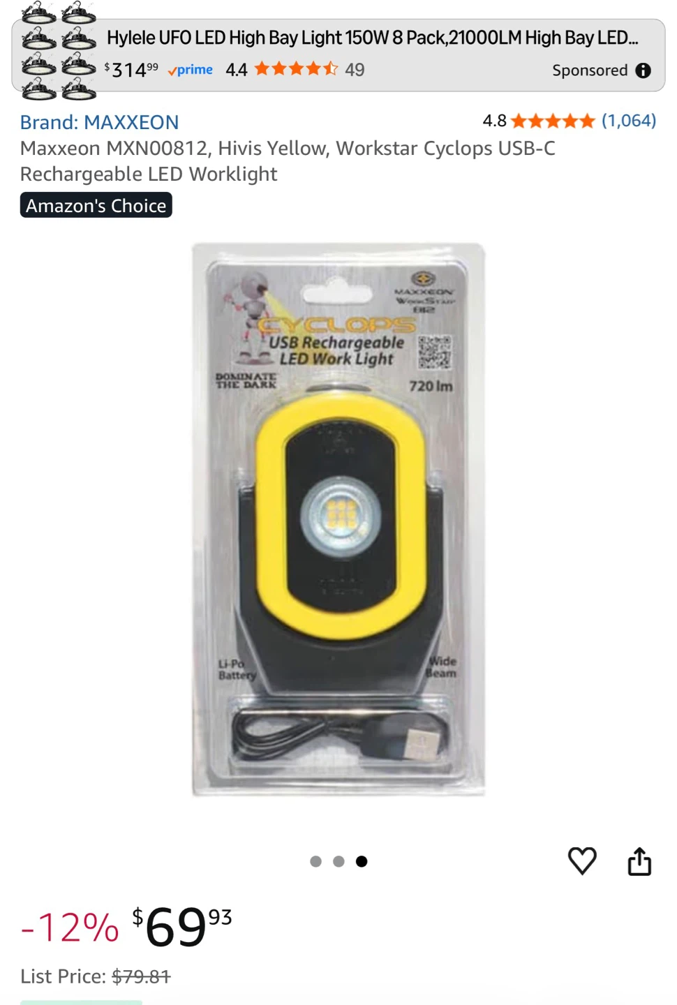Maxxeon Workstar 812 Cyclops USB Rechargeable LED Work Light - photo 3
