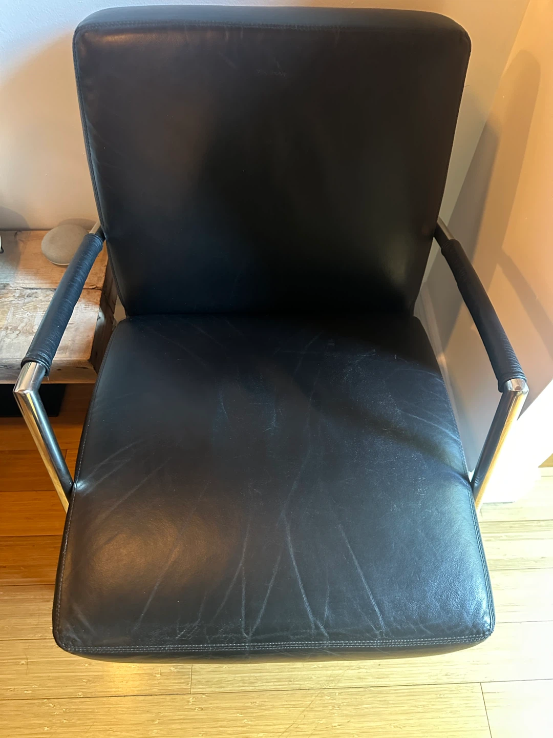 POST MODERN VINTAGE BLACK LEATHER CHROME TUBULAR LOUNGE CHAIR - photo 5