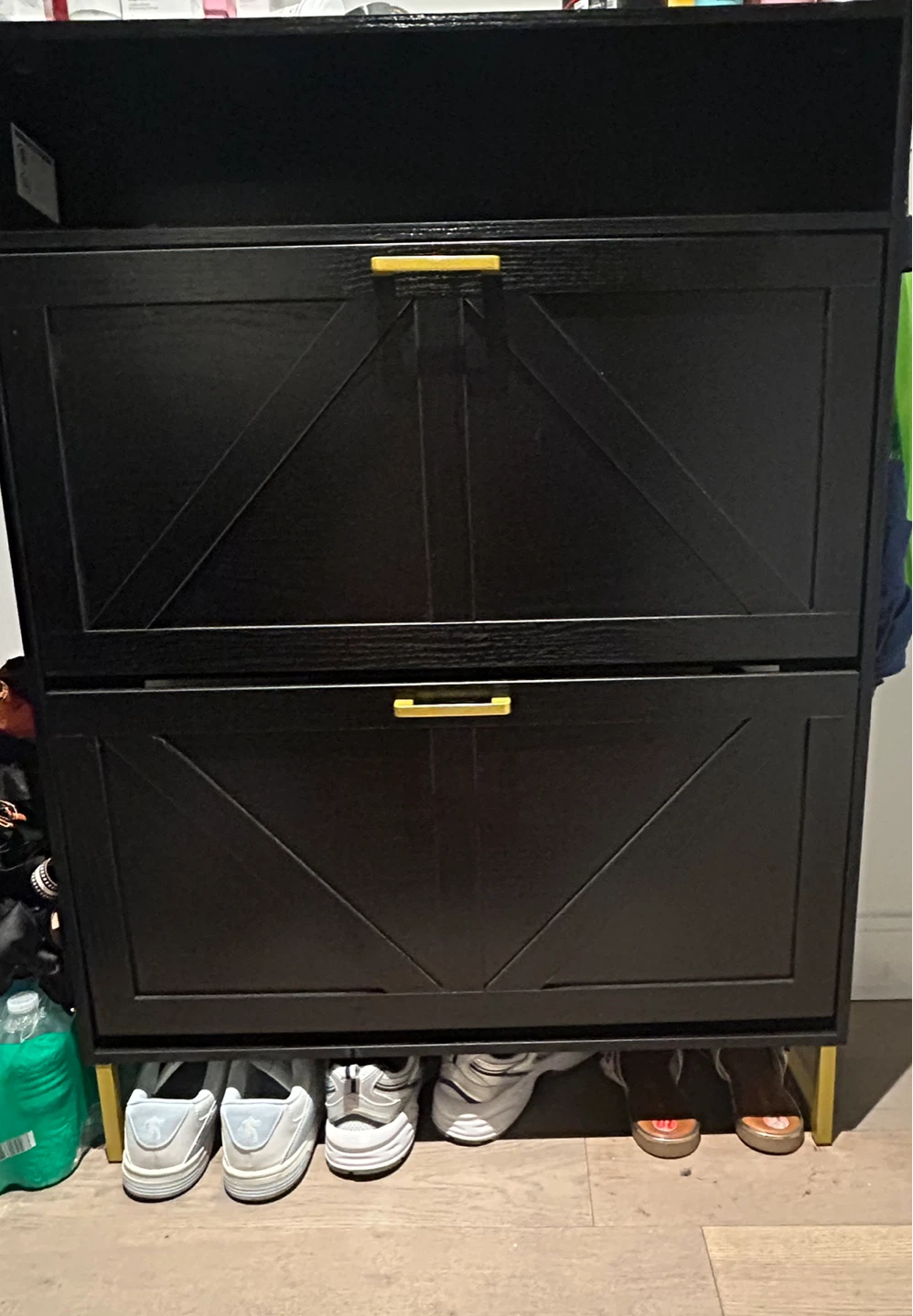 Black Shoe Storage with Gold Handles