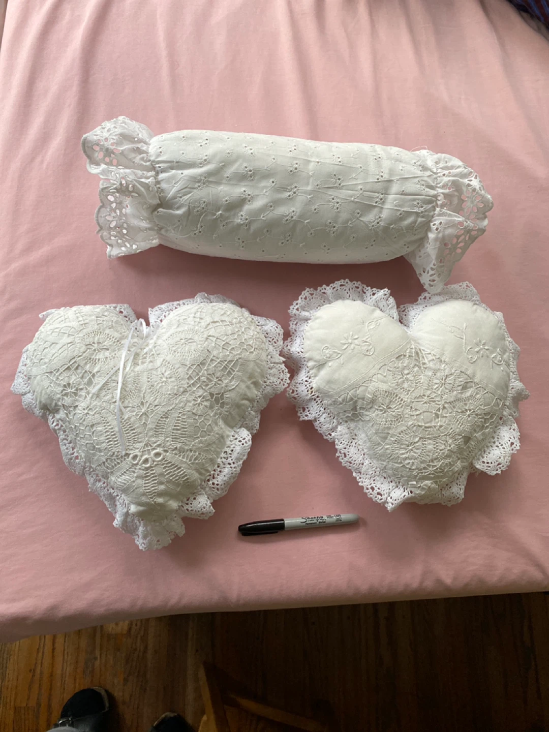 White Lace Heart and Bolster Pillows