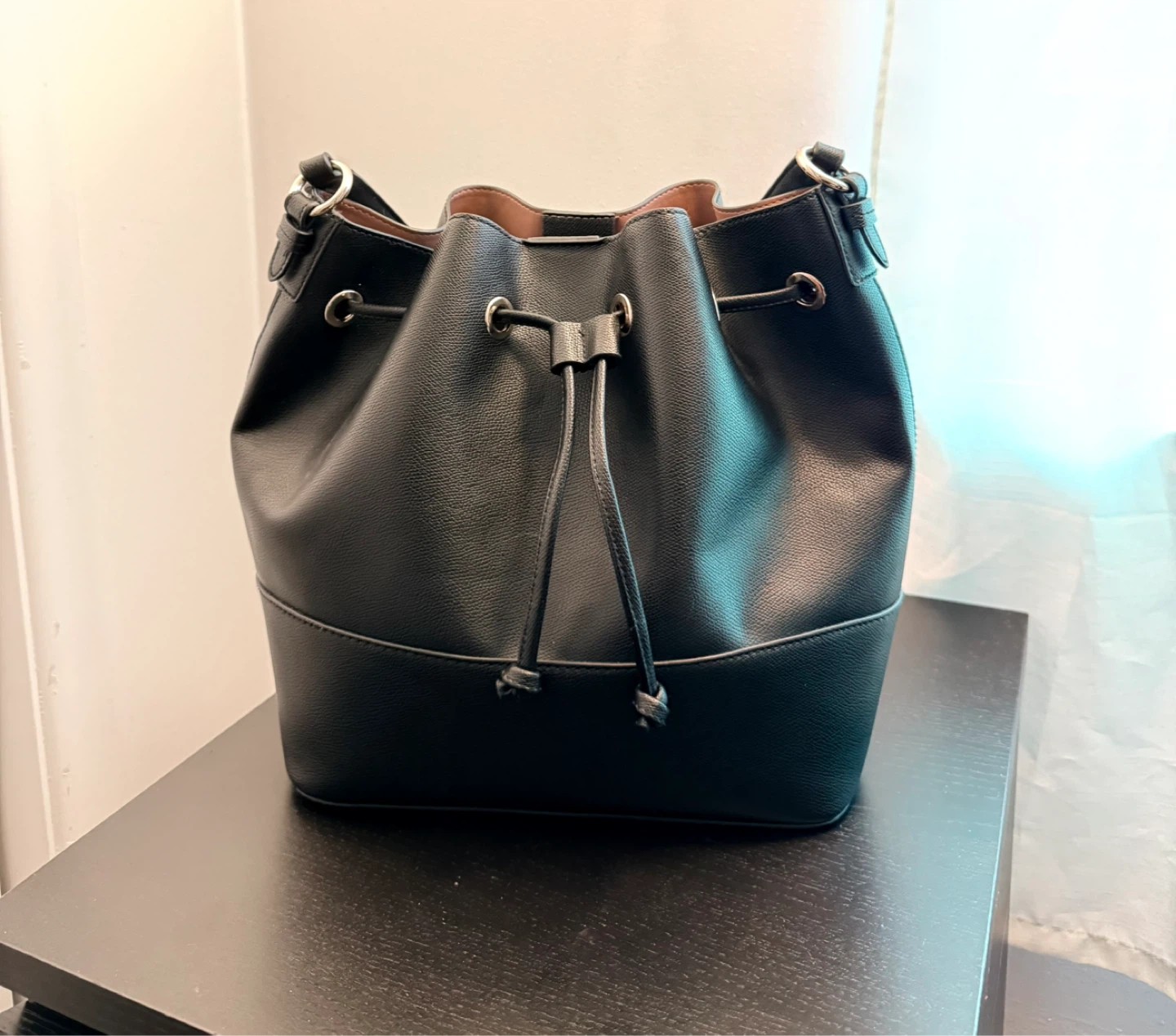 Black Faux Leather Bucket Bag with Pouch